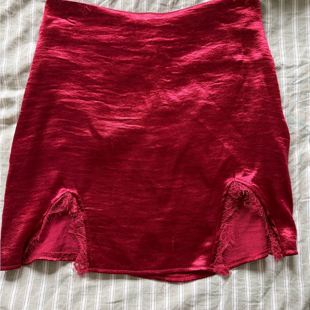 Windsor Crimson Satin Mini Skirt with Frayed Side Slits